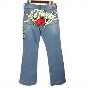 ed hardy embroidered and painted love kills slow blue denim womens flared leg 34
